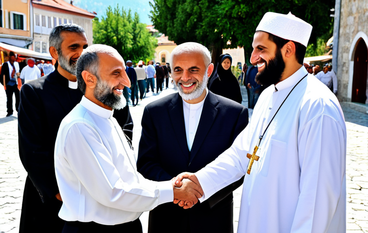 **
"A group of Montenegrin people from diverse religious backgrounds (Orthodox Christian, Muslim, Catholic) gathered in a town square, fully clothed in traditional and modest attire, smiling and shaking hands, representing interfaith harmony, safe for work, appropriate content, perfect anatomy, natural proportions, family-friendly, professional photography, sunny day, Montenegrin flag in background."
**